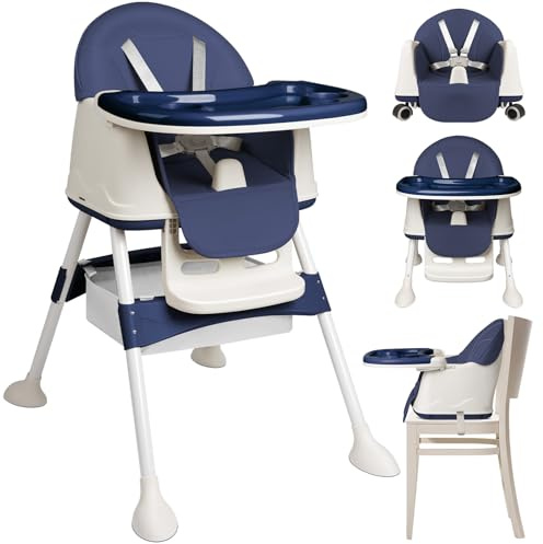 Ferghana 4-in-1-Hochstuhl für Babys, Kinderhochstuhl mit Abnehmbarem Tablett, Babystuhl mit Unteres Staufach und Rollen, Höhe Verstellbarer Hochstuhl mit 5-Punkt-Gurt, Blau