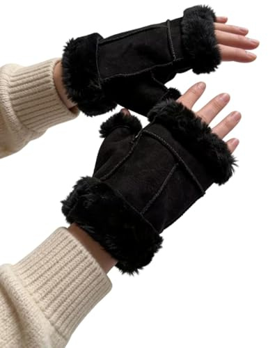 Hollert Fingerlose Handschuhe Damen & Herren Lammfell Schwarz – Warme Lederhandschuhe ohne Finger, Winterhandschuhe Größe L, Atmungsaktiv & Stilvoll für Alltag & Outdoor
