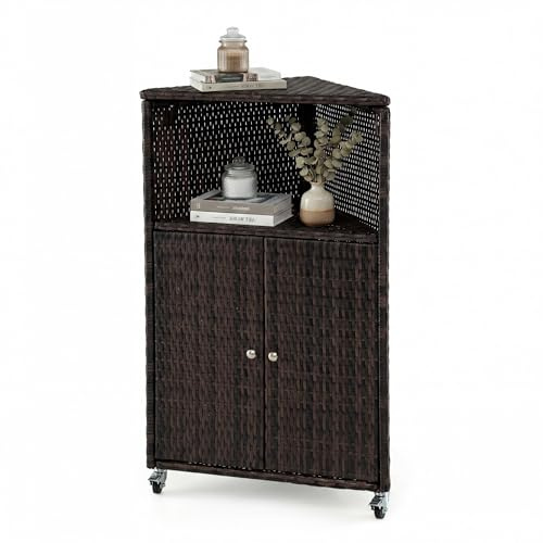 LIFEZEAL Gartenschrank Outdoor, Rattan Eckschrank mit Rollen, Mobiler Aufbewahrungsschrank mit Metallrahmen, Kleiner Rollschrank für Terrasse, Garten, Poolbereich