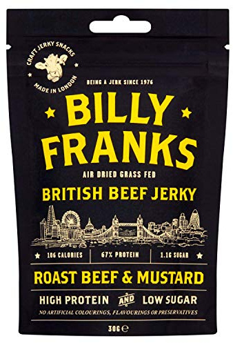 Billy Franks Gluten Free Beef Jerky - High Protein - Healthy Keto Snack - Biltong - Roast Beef & Mustard - 10 Packs x 30g