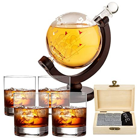 AMAVEL Whiskyset Glaskaraffe Globus Segelschiff, Mit luftdichtem Verschluss, 4 Whiskygläsern und 9-teiligem Whiskysteine Set