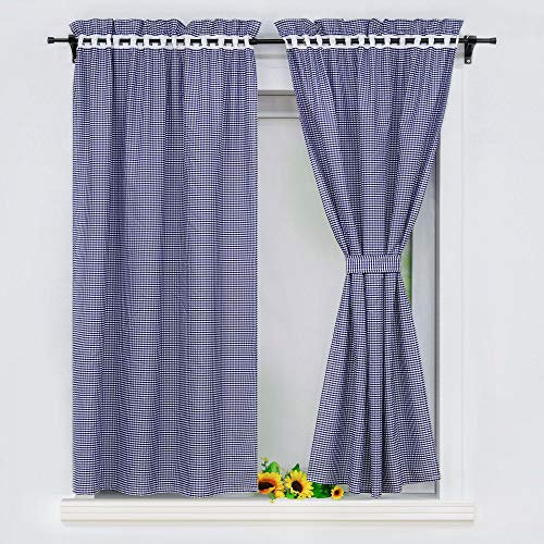 Yujiao Mao Lot de 2 Rideaux Style Campagne Motif à Carreaux Rideaux Brise-bise occultant et Salle de Bain avec 2 embrasses Bleu LxH 80x145cm