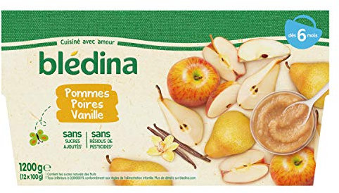 Blédina, Purée de Fruits dès 6 Mois, Pommes, Poires, Vanille, 12x100g