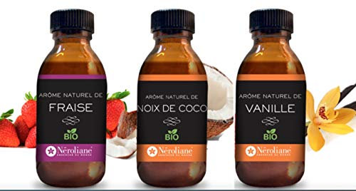 NEROLIANE – Lot 3 Arômes Naturels BIO 50ml : Fraise, Vanille, Noix de Coco – Yaourts, Pâtisseries, Boissons, Glaces – Vegan – Fabriqué en France – Qualité Professionnelle