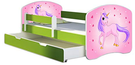 ACMA Kinderbett Jugendbett mit Einer Schublade und Matratze Grün mit Rausfallschutz Lattenrost II 140x70 160x80 180x80 (17 Pony, 180x80 + Bettkasten)