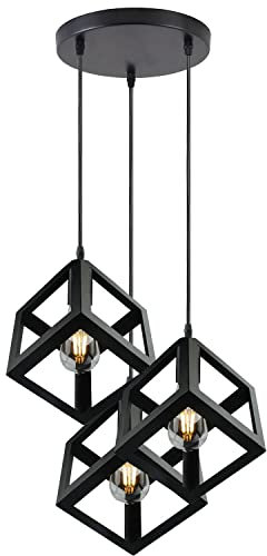 LEDSone Modern Vintage Black 3 Head Pendant Light Fittings, Square Wire cage Loft Bar Triple Hanging Pendant Ceiling Lights with Adjustable Cable for Kitchen Island (Style 3)