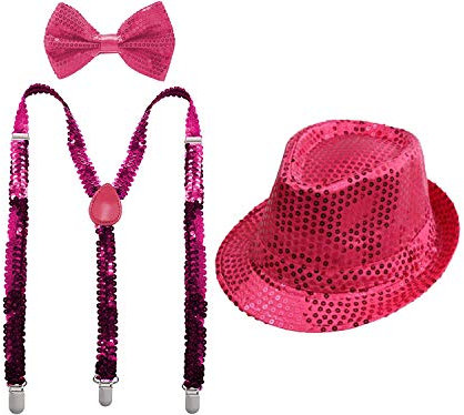 Juego 3 de Tirantes Elásticos Pajaritas Ajustables y Sombrero de Copa de Lentejuelas Brillantes para Adultos Disfraz de Fiesta Carnaval Halloween Navidad (Fucsia, Pack con Sombrero de Adulto/58cm)