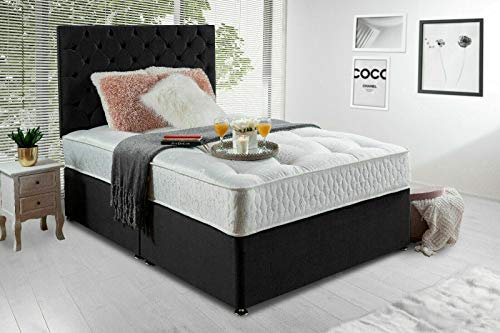 GHOST BEDS Haniya Plush Divan Bed With Memory Sprung Mattress, 2 Drawers and 24 Inch Headboard (5FT King Size, Black)