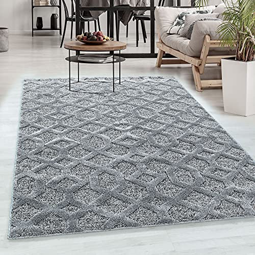 Carpetsale24 Teppich Wohnzimmer Hoch-Tief Effekt 3D Rauten Design Grau 140 x 200 cm - Hochflor Teppich Schlafzimmer Retro Design Weich und Pflegeleicht Elegante Teppiche Flauschig für Küche Esszimmer