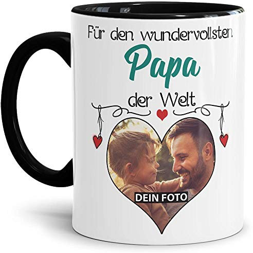 Tasse mit Spruch - Wundervollster Papa der Welt - personalisiert mit Wunschfoto - Geschenkidee für den besten Papa - Innen & Henkel Schwarz, 300 ml