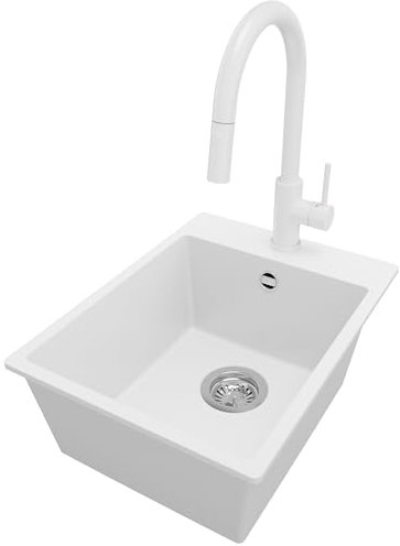 Fregadero Granito Blanco 38x50cm, Fregadero Cocina 1 Seno + Sifón + Grifo, Fregadero sobre encimera al mueble 40cm - Riga de Primagran