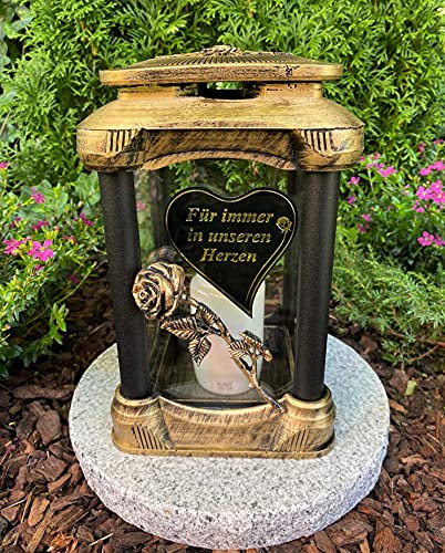 Garten Paradies Handmade Grablampe mit GRANITSOCKEL NEU! In Gold - Herz Beschriftung ' Für immer unseren Herzen ', Grabkerze Grabdekoration Grabschmuck incl. und Sockel., Höhe: 25 cm / Breite: 16
