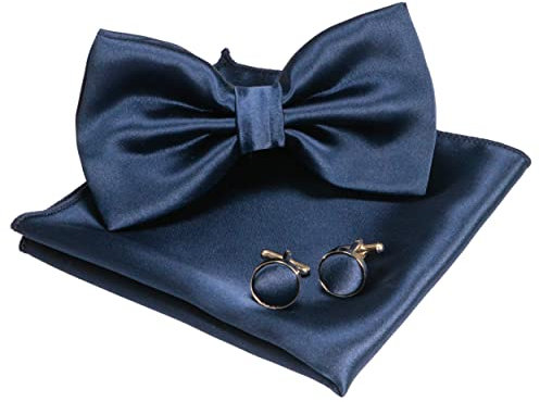 JEMYGINS Herren Fliege navy 5 Satin Fliege und Einstecktuch mit Manschettenknöpfe Sets