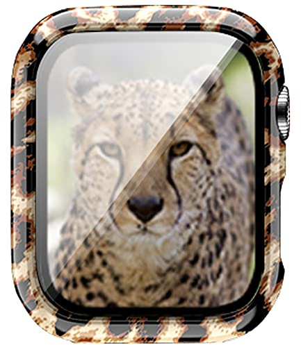 Compatible with Apple Watch Series 7 45 mm 41 mm Hard PC Leopard Case with Tempered Glass Smartwatch Screen Protector Full Protective Case for Women Girls (45 mm, Leopard)