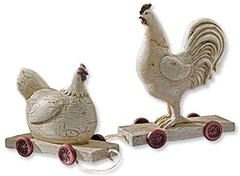 Loberon Huhn 2er Set Mesnil, Duo aus Hahn und Henne, ländlich-gemütliches Flair, handbemalt, Osterfiguren, Ostern, Osterdeko, Polyresin, Jute, Creme