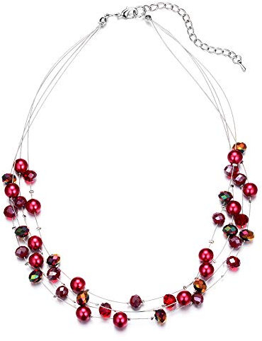 Bulinlin Damen Silber Perlenkette mit Kristall Statement Mehrreihige Boho Choker Halskette Modeschmuck Geburtstagsgeschenke für Frauen(15-Red)
