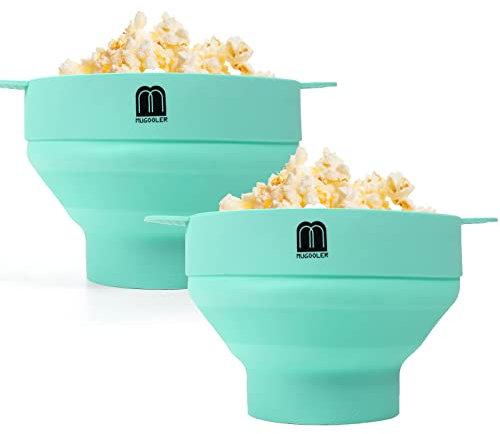 MMUGOOLER 2 Stück Original Mikrowellen-Popcorn-Druckknopf Silikon Popcorn-Maker, faltbare Schüssel mit Deckel, BPA-frei und spülmaschinenfest (2 blau)