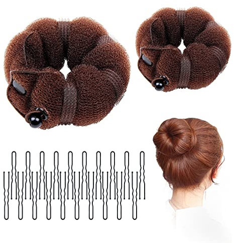 2 Pcs Bun Makers for Hair, Brown Sponge Donut Ring Styler Bun Makers, Easy Bun Makers Tool with Snaps and Hair band, DIY Bun Styling, 2 Sizes, with 20 Pcs U-Clips.