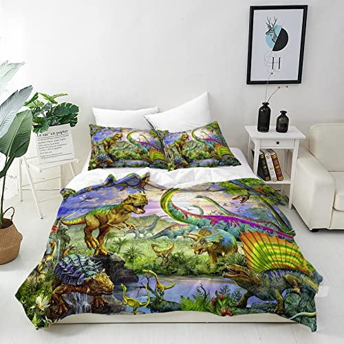 ANHOPE Prehistoric Dinosaur Duvet Cover Set, Double 200x200cm | Soft Breathable Microfibre, Jungle Jurassic T-Rex Print, 2 Pillowcases 50x75cm, Kids Boys Girls Bedding Quilt Cover Set