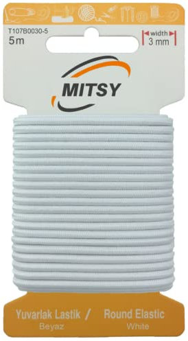 MITSY Reißfeste Gummiband Gummibänder zum Nähen Breit 3 mm Rund 5 m Weiß Stark Gummilitze für Hosengummi Haushalt DIY Handwerk Stoffe zum Nahen