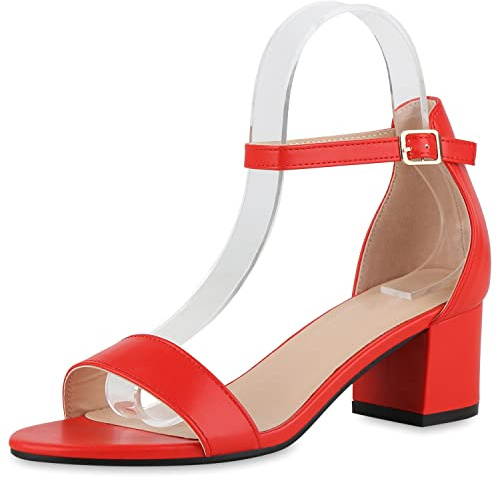 VAN HILL Damen Klassische Sandaletten Blockabsatz Schuhe Leder-Optik Abendschuhe Elegante Mid Heels Riemchenschuhe 211196 Rot 41