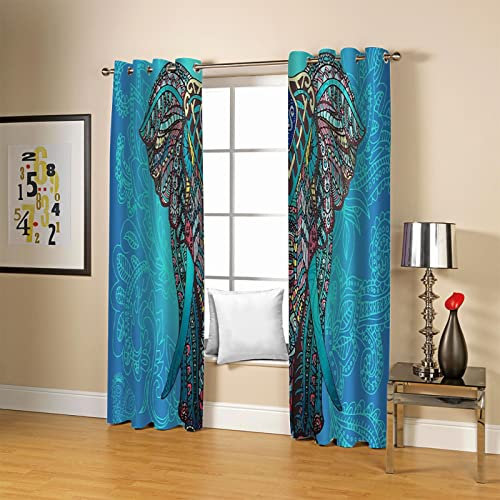 HOUKAI Gardinen Blickdichter 200x160Cm 2Er Set Vorhang Verdunkelung Mit Ösen Für Schlafzimmer Wohnzimmer, 3D Blauer Geblümter Elefant Vorhang Kinderzimmer, Gardinen Junge, Vorhänge Für Kinder Mädchen