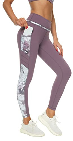 Buepeara Sport Leggings Damen Sporthose mit Taschen, High Waist Tights Laufhose Fitnesshose Für Sport & Alltag -1988-06(Orange)/XS -3173-026 (Violett)/M