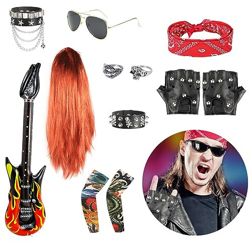 12 Stück Rocker Kostüm Herren Rockstar Kostüm Kinder, enthält 1 Perücke 1 Brille 2 Ärmel 2 Ringe 2 Armbänder 2 Handschuhe 1 aufblasbare Gitarre 1 Stirnband, Disco Rock Star Fancy Dress Kinder Jungen