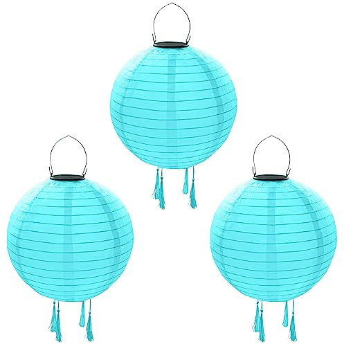 Solar Lampions Außen Wetterfest，Himmel 3 Stücke Solar LED Laterne Wasserdicht Nylon Hängende Gartenlaterne 30cm solarlampions für außen Garten, Halloween Fest Deko (leicht blau) [Energieklasse A++]