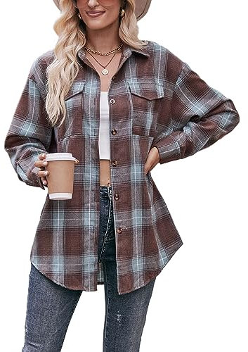 Chemises à carreaux en flanelle pour femme - Grande taille - Poids léger - Motif buffle - À boutons - À manches longues, Marron/vert, XXL