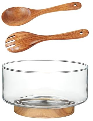 JINYUE Grand bol à salade en verre – Saladier avec base en bois d'acacia et bols de service pour les fêtes, Noël, Thanksgiving pour salades, fruits, pâtes, etc. (grand)