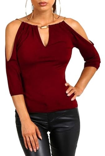 EMOTTOS Unique Women 3/4-Sleeve Tops, V Neck Loose Casual T-Shirt with Movable Chain, Off-Shoulder 3/4 Long Sleeve Tunic Tops Pullover T-Shirt(RED-L)