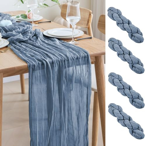 Asee'm 4PCS Tischläufer Käsetuch 300 x 90cm Staubiges Blau Boho Transparente Läufer Tisch Hochzeit Gaze Stoff Rustikale Käse Tuch für Braut Dusche Party