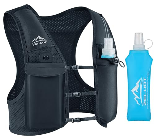 Zelvot Running Vest for Women Men, USA Original Patent, Adjustable Chest Straps Running Hydration Vest with 500ml Soft Flask, Lightweight Breathable Reflective Running Vest for Marathon (Black, M/L)