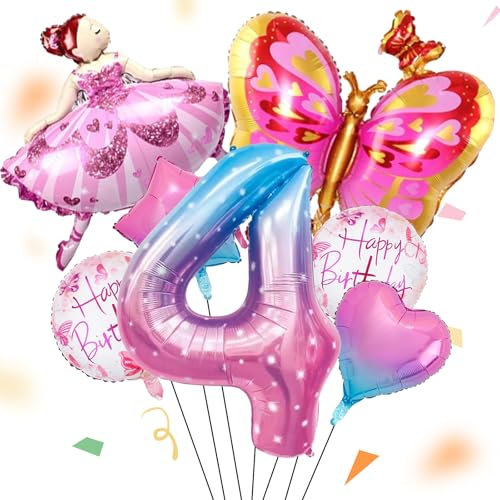 ALEGRE® Ballerina 4 Jahre Geburtstag Deko Mädchen, 7 Stk Ballerina Schmetterlinge Happy Birthday Deko, Zahlen 4 Folienballon, 4. Geburtstag Deko Luftballons für Babyparty, Hochzeit, Taufe Party Deko
