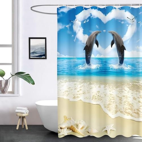 FABTOP Rideau de douche dauphin - 180 x 200 cm - 120 x 200 cm - 3D - Imperméable - Thème océan et dauphin - Bleu - En textile anti-moisissure - 6, 120 x 200 cm