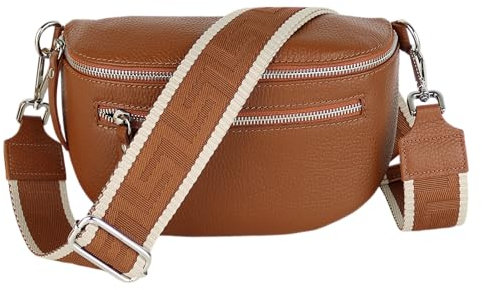 MIRROSI® Damen Bauchtasche Umhängetasche 27x14,5x8cm Damen, Made in Italy, aus Echtleder Tasche Echtes Leder, Brusttasche, Crossbody Bag,Bohemian Style (1 Tasche 2 Gurte) (Cognac Uni)