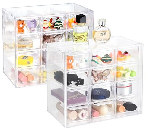 SUPAWAY 2Pcs Acryl Desktop Aufbewahrung Mini Organizer mit 12 Schubladen Klare Desktop Handwerk Schublade Schrank Stapelbare Desktop Aufbewahrungsbox für Kosmetik Schmuck Schreibwaren (18x10x15.5cm)