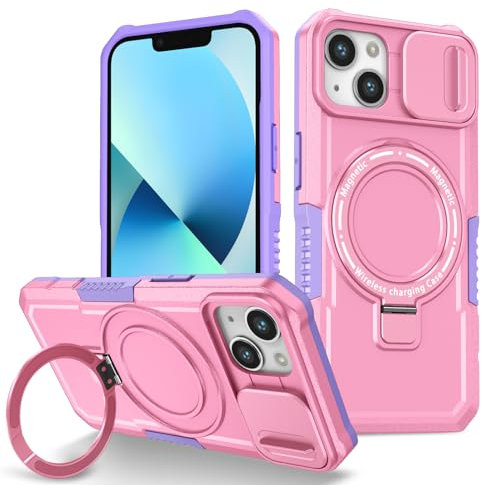 Kainevy pour Coque iPhone 13 [Compatible avec MagSafe] Magnetique Etui Protection iPhone 13 Coque Antichoc Militaire Renforcée Case avec Anneau Support et Cache Camera (Rose+Violet)