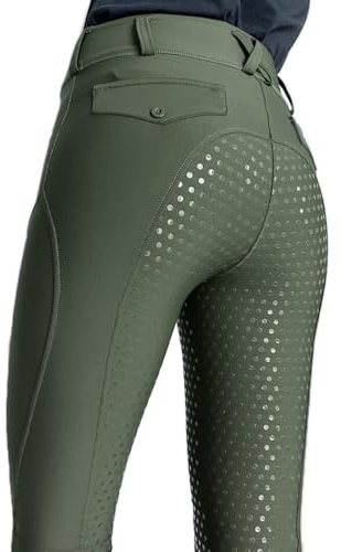 ticticlily Pantalones Hipica Mujer Elasticidad Pantalones Ecuestres Silicon Leggings de Equitación Montar Cintura Alta con Trabillas para Cinturón y Bolsillo Deportes Ecuestres A Verde L
