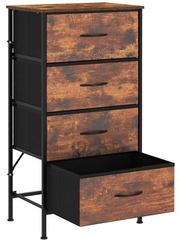 KU Syang Dresser with 4 Drawers - Fabric Chest of Drawers with Large Storage Space, Modern Tall Tower Unit Storage Organiser for Living Room/Bedroom, Wooden Top and Metal Frame (Rustic Brown)