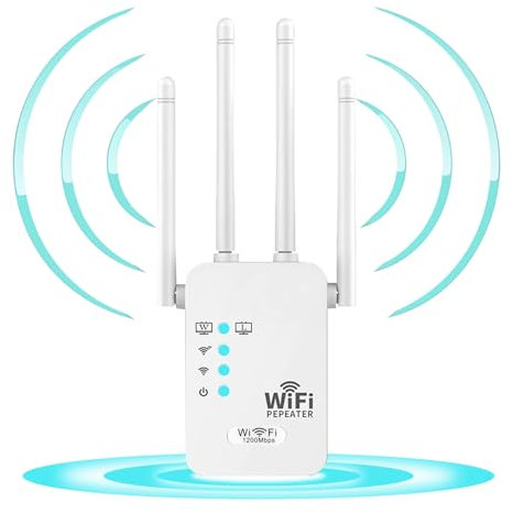 Amplificador de Señal WiFi,1200Mbs 2.4/5.0Ghz Doble Frecuencia, Repetidor WiFi, Extensor de Señal WiFi con 4 Antenas, Los Repetidores WiFi Mejoran la Cobertura WiFi. (Blanco Brillante)