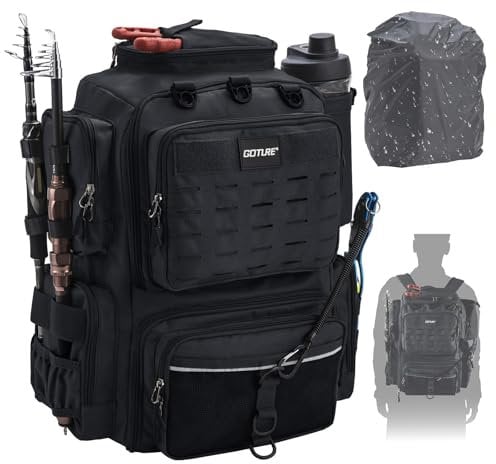 Goture Fishing Backpack with Two Rod Holders & Rain Cover, 45L Water-Resistant Fishing Tackle Bag with Adjustable Compartment & 8 Lure Bag, Fishing Gifts for Men, Black