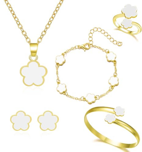 FDEETY Schmuck Set Glückliches Fünfblättriges Kleeblatt Legierung Schmuckset 5 Pcs Ring Ohrringe Armbänder Halskette ideal für Geschenke Besondere Anlässe und Frauen(Weiß)