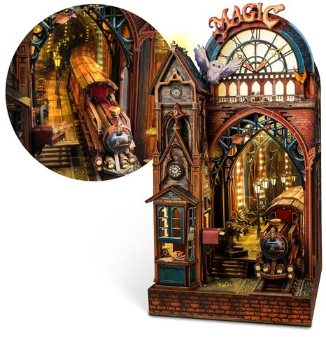 FUNPOLA LED 3D Puzzle Magic Station Book Nook Kit - Interactive 3D Wood Puzzle LED Magical Miniature with Infinite Extension Space - DIY Bookshelf Insert Decor Gifts(Magic Station)