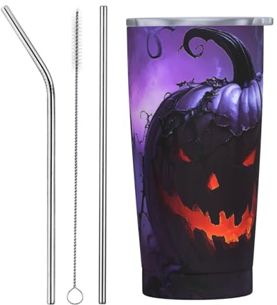 20 Oz Tumbler with Lid and Straw, Halloween Purple Pumpkin Insulated Tumbler Stainless Steel Cups, Personalized Coffee Tumbler Travel Mug Water Bottle
