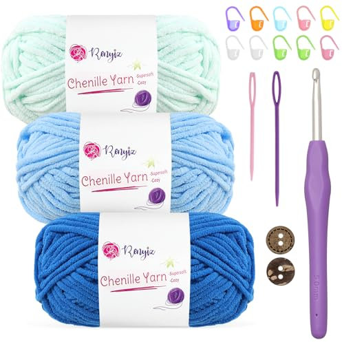 Filato di ciniglia grosso per uncinetto, soffice filato per bambini, 3 x 50 g, morbido e soffice, con uncinetto Amigurumi da 5 mm, per principianti (blu, 3)