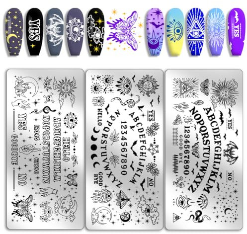 PH PandaHall 3pcs Weissagung Nail Art Schablonen, Sonne-Mond-Stern-Nagelstempelplatte Buchstabe Zahl Schlange Böse der Augen Motte Nagelschablonen für Nageldesign Druck Maniküre Salon