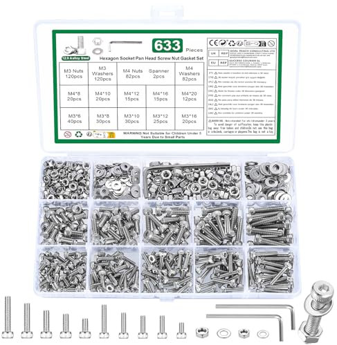 633 Pz Set di Viti M3 M4, Viti Bulloni e Dadi Kit, Bulloni Viti a Testa Cilindrica con Esagono Incassato e Dadi e Rondelle Set, Viti Bulloni a Testa Esagonale e Dadi, DIN912 Viti a Brugola(Argento)