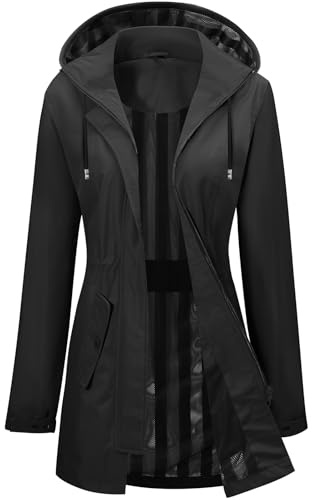 Tuopuda Damen Lange Wasserdichte Regenjacke mit Kapuze Leicht Atmungsaktive Funktionsjacke für Frauen Fahrrad Sport Outdoorjacke Windbreaker Travel Regenponcho(Schwarz,M)